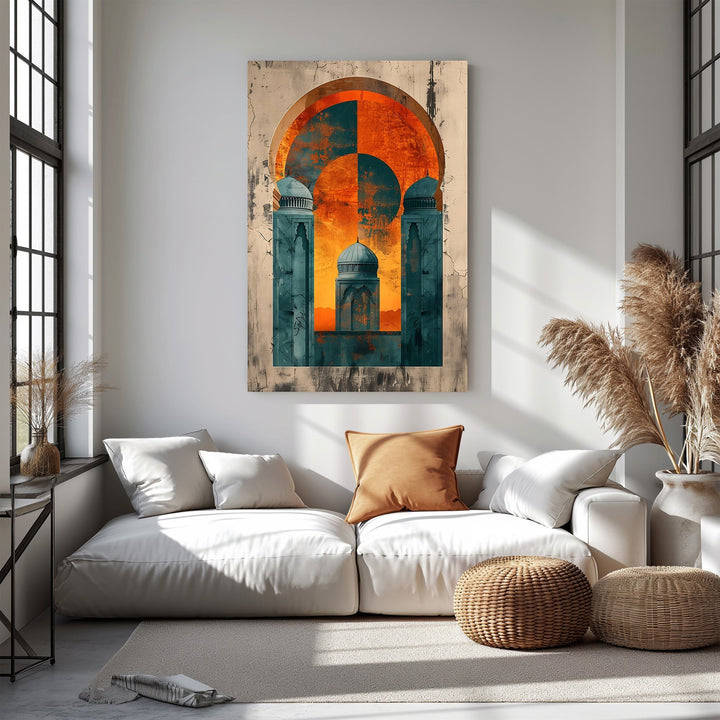 Wadi Home abstract archway mosque wall art in teal and orange with textured background, Islamic-inspired decor.