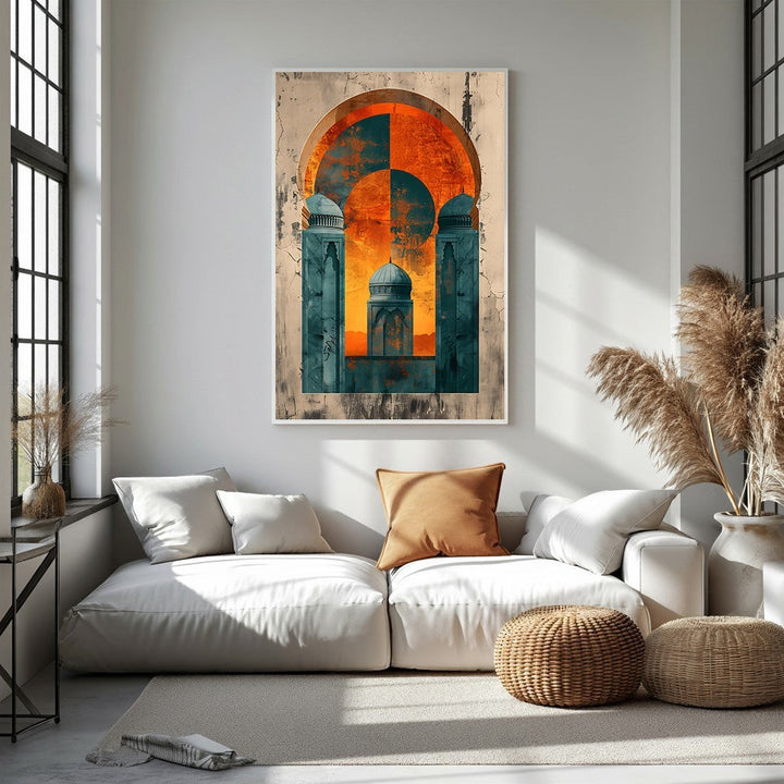 Wadi Home abstract archway mosque wall art in teal and orange with textured background. Islamic-inspired artwork.