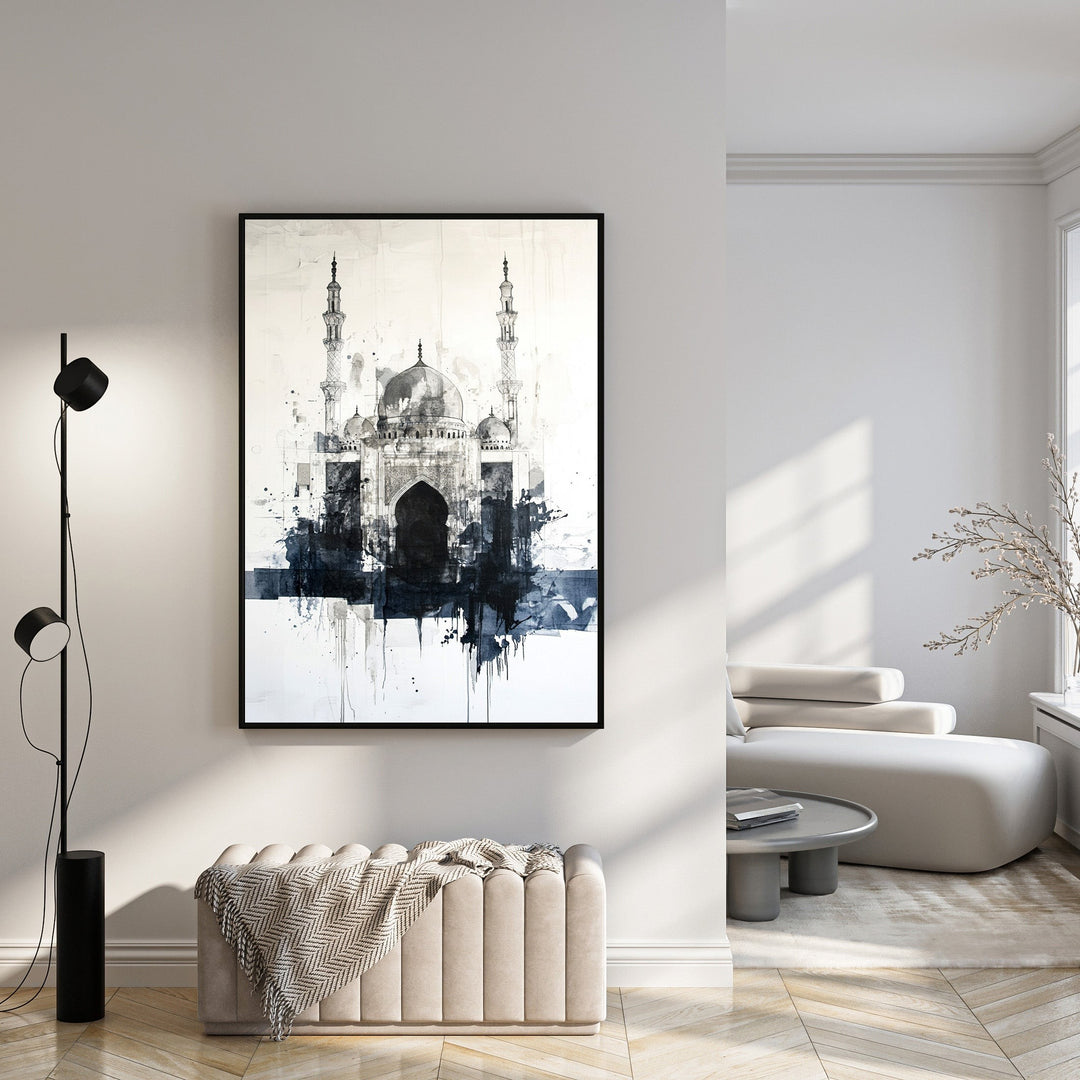 Wadi Home abstract monochrome mosque canvas wall art with ink splatters and brushstrokes.