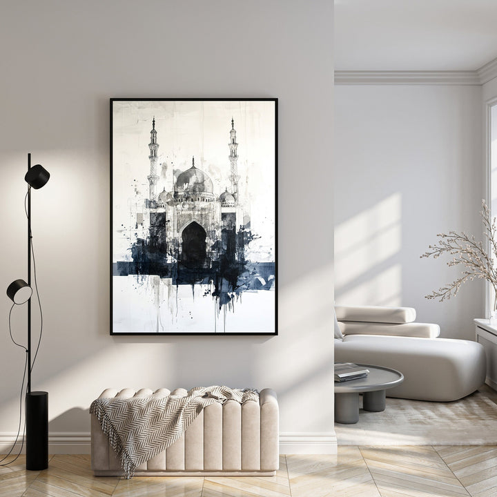 Wadi Home abstract monochrome mosque canvas wall art with ink splatters and brushstrokes.