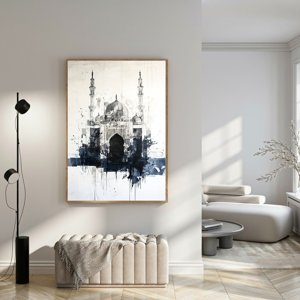 Wadi Home abstract monochrome mosque canvas wall art with ink splatters and brushstrokes, framed in wood.