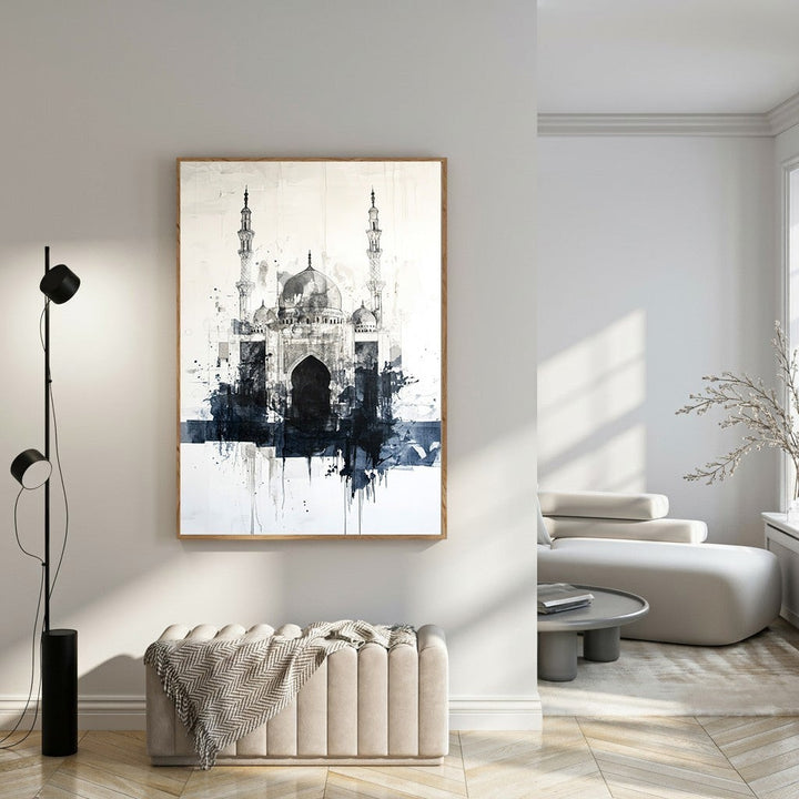 Wadi Home abstract monochrome mosque canvas wall art with ink splatters and brushstrokes, framed in wood.