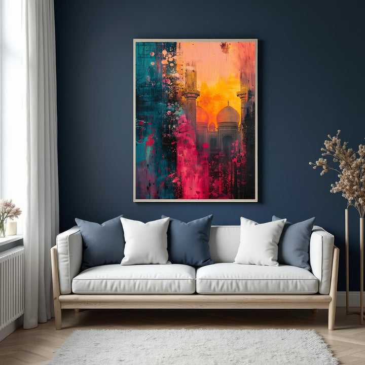 Wadi Home abstract mosque canvas art with teal, pink, and orange hues. Majestic silhouette against a vibrant sunset.