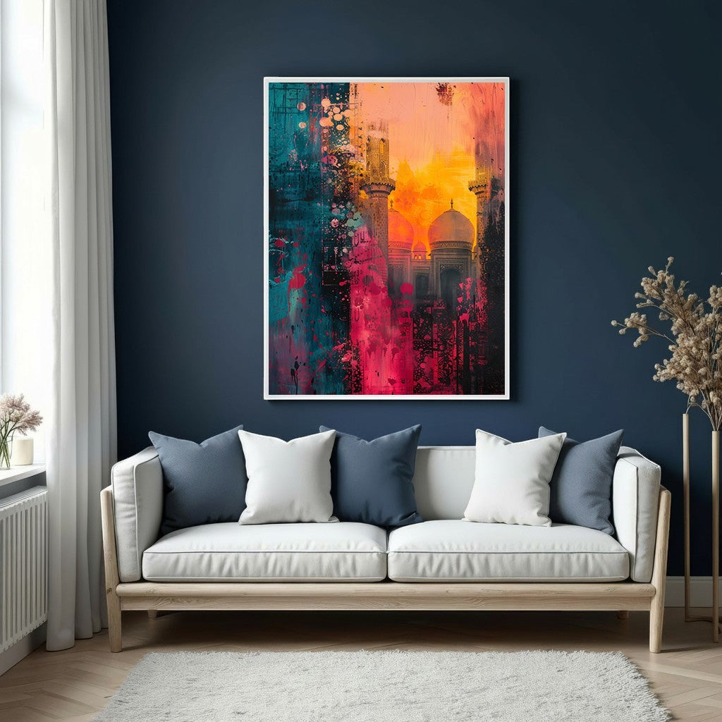Wadi Home abstract mosque canvas art with teal, pink, and orange hues. Majestic silhouette against a sunset.
