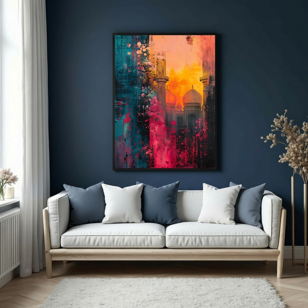 Wadi Home abstract mosque canvas art with teal, pink, and orange hues. Majestic silhouette against a sunset.