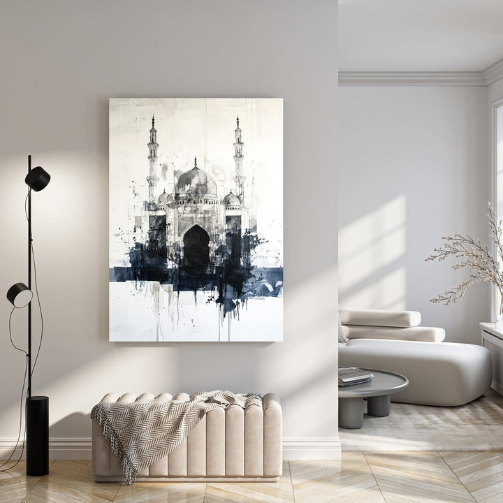 Wadi Home abstract monochrome mosque canvas wall art with ink splatters and brushstrokes.