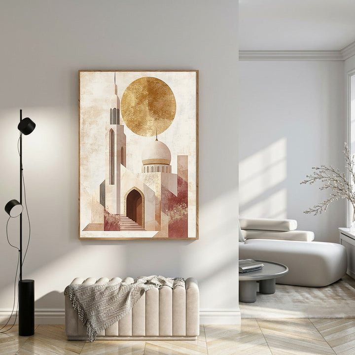 Wadi Home abstract mosque wall art with golden sun, geometric design, warm earthy tones, Islamic-inspired aesthetic.