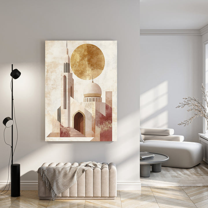Wadi Home abstract mosque wall art with golden sun, geometric design, warm earthy tones, Islamic-inspired aesthetic.
