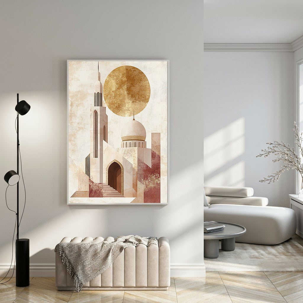 Wadi Home abstract mosque wall art with golden sun, geometric design, warm earthy tones, Islamic-inspired aesthetic.