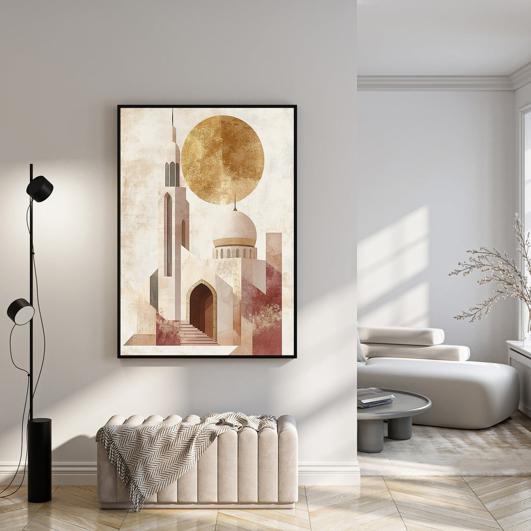 Wadi Home abstract mosque wall art with golden sun, geometric design, warm earthy tones, Islamic-inspired aesthetic.