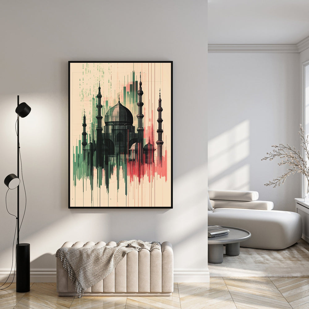 Wadi Home abstract mosque wall art print in green and red with a modern, painterly style.