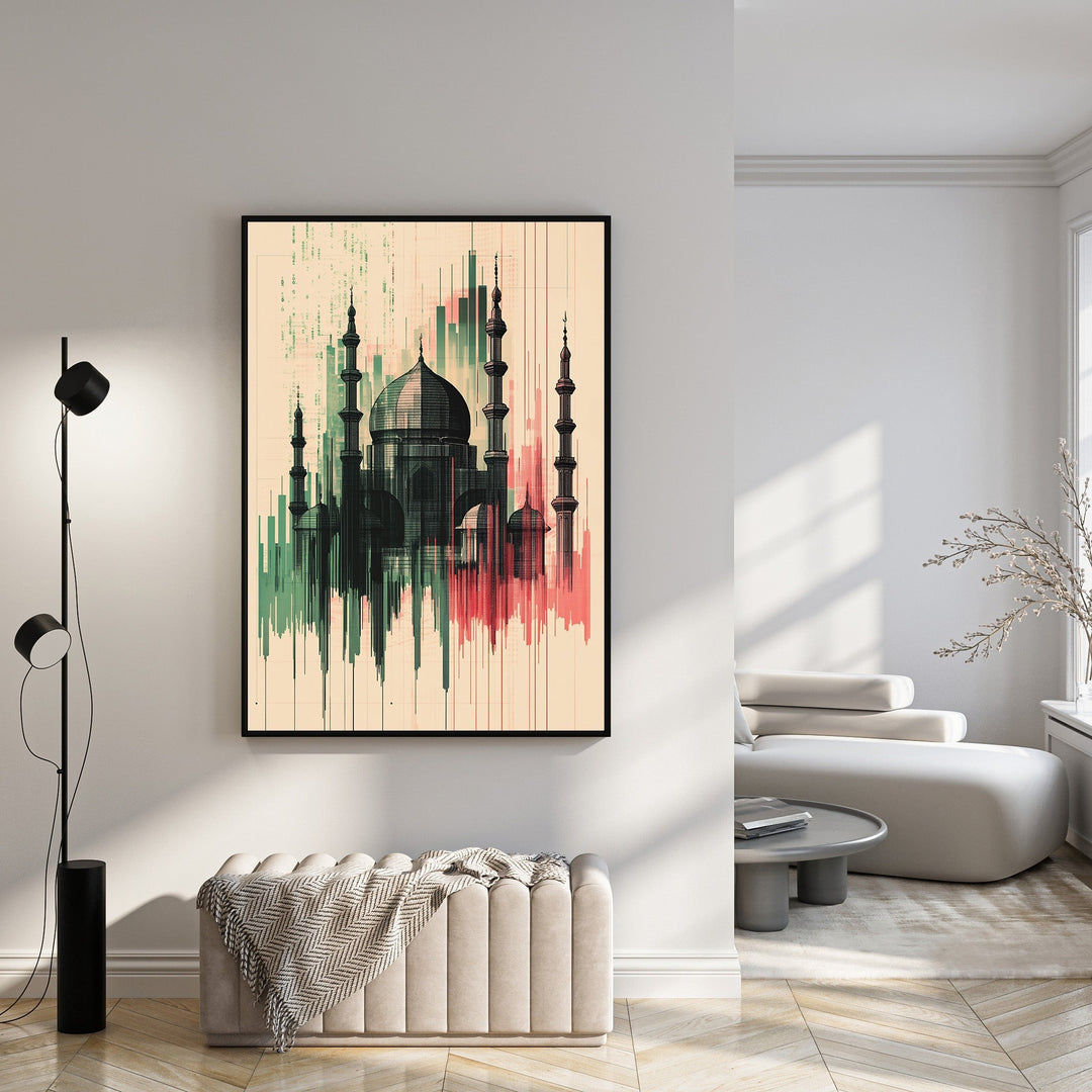 Wadi Home abstract mosque wall art print in green and red with a modern, painterly style.