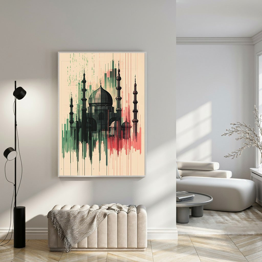 Wadi Home abstract mosque wall art with green and red accents on a cream background. Modern Islamic art.