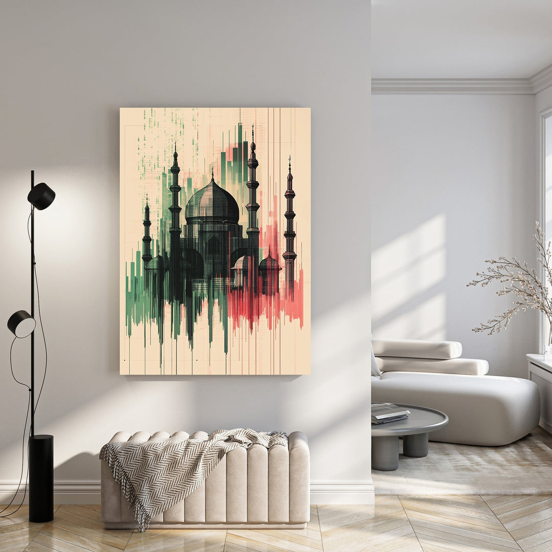 Wadi Home abstract mosque wall art with green and red accents on a cream background. Modern Islamic art print.