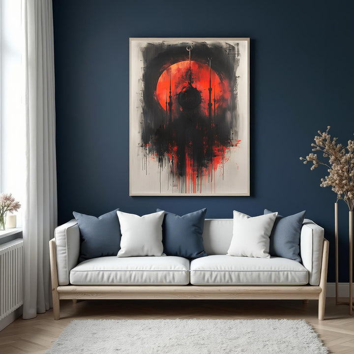 Wadi Home abstract mosque silhouette wall art with red sun and black brushstrokes.