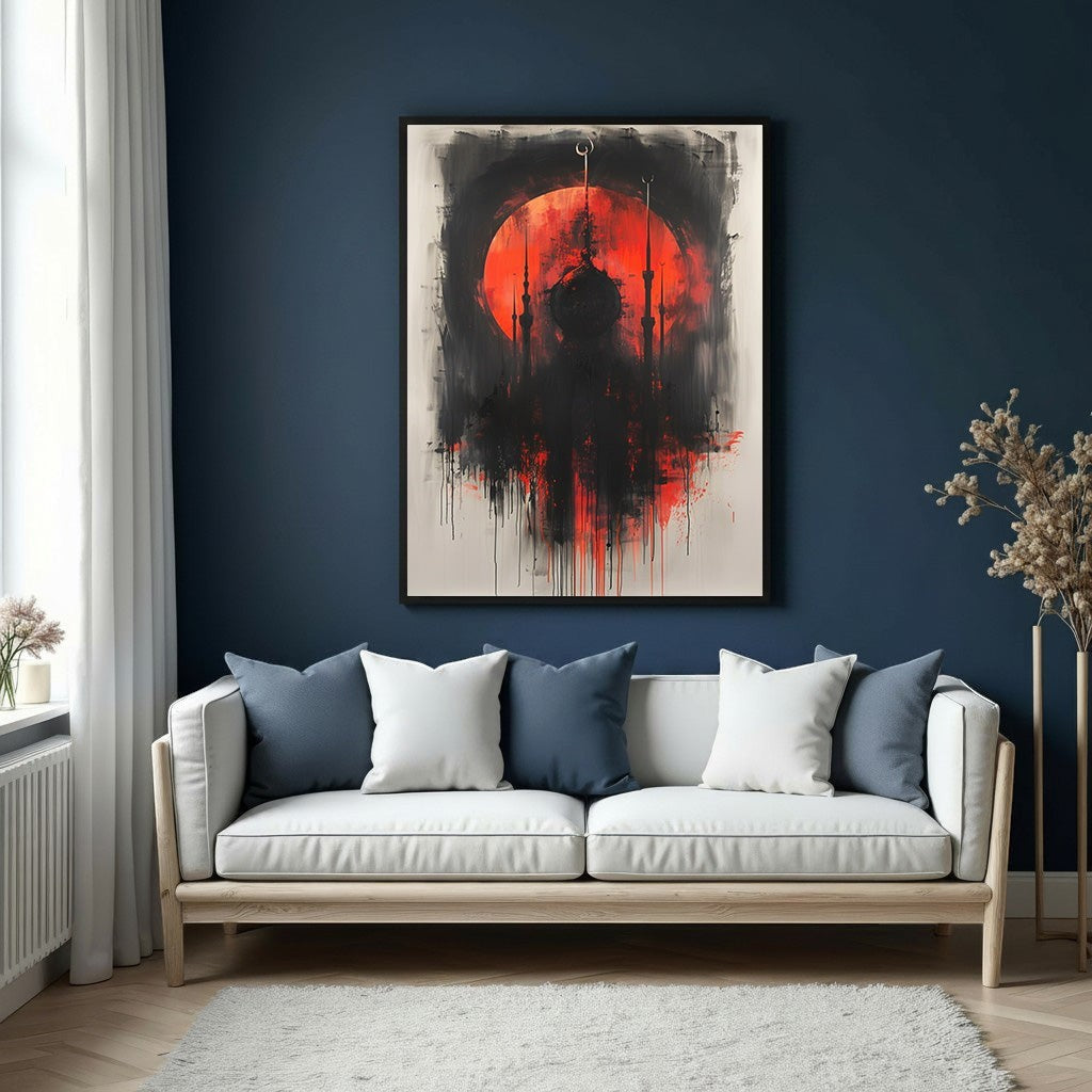 Wadi Home abstract mosque silhouette wall art with vibrant red sun and black brushstrokes.