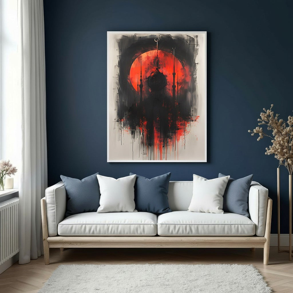 Wadi Home Abstract Mosque Silhouette Wall Art with vibrant red sun and black brushstrokes.
