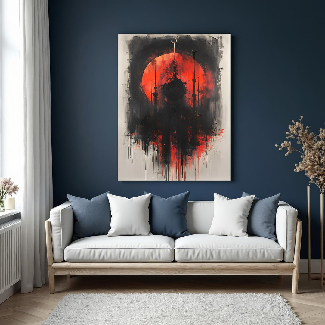 Wadi Home abstract mosque silhouette wall art with red sun and black brushstrokes.