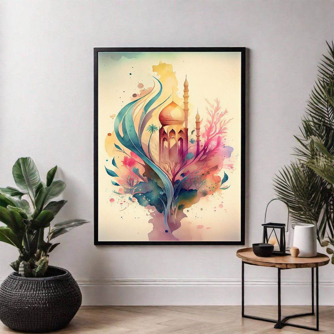 Wadi Home abstract mosque watercolor wall art with vibrant blues, pinks, and yellows. Islamic architecture blended with modern art.