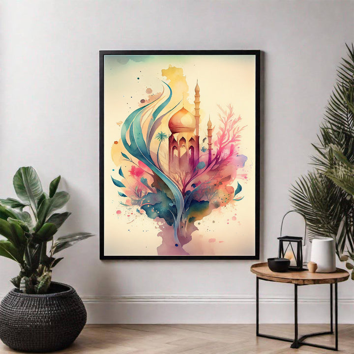 Wadi Home abstract mosque watercolor wall art with vibrant blues, pinks, and yellows. Islamic architecture blended with modern art.