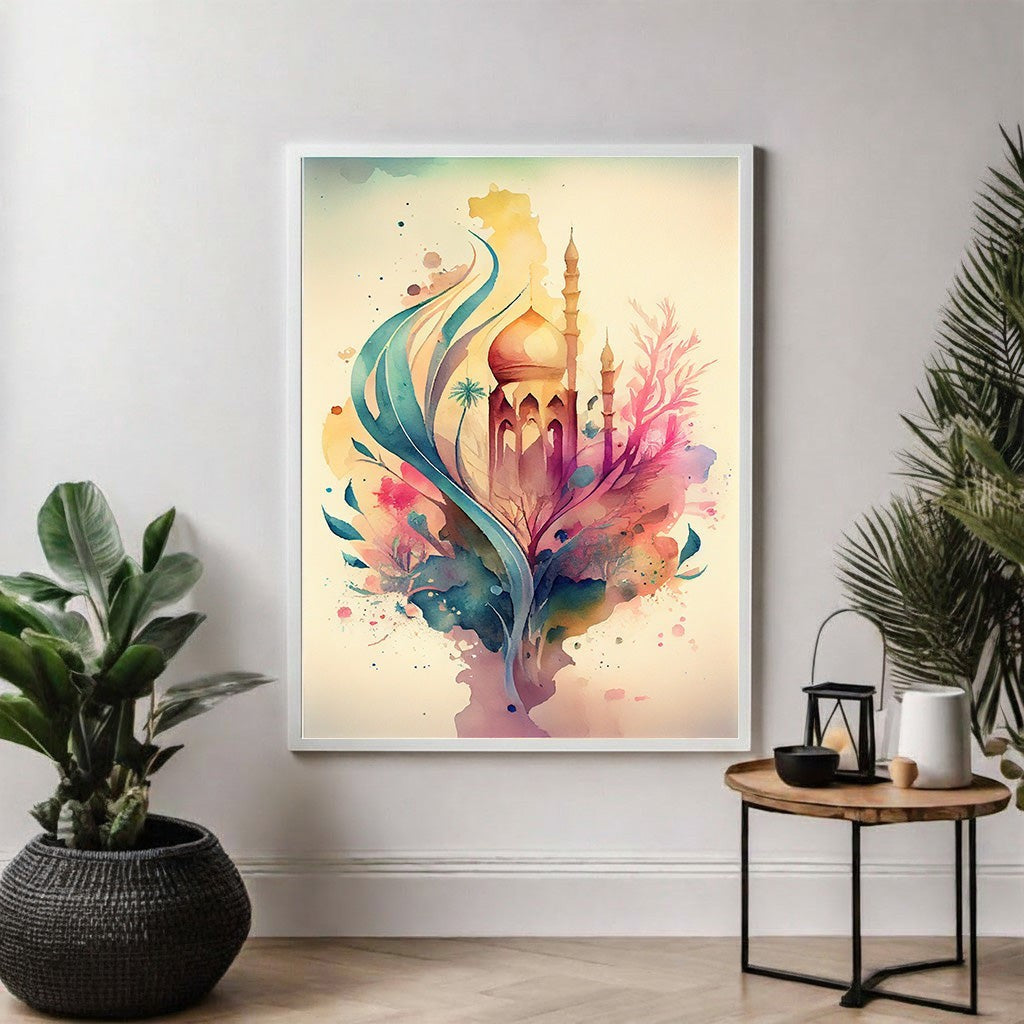 Wadi Home abstract mosque watercolor wall art with vibrant blues, greens, pinks, and yellows. Islamic architecture blended with modern aesthetic.