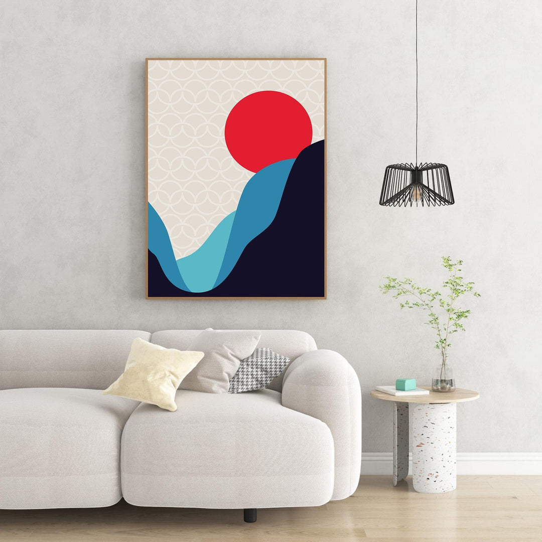 Wadi Home abstract mountain landscape art with red sun, blue and navy mountains on beige background.