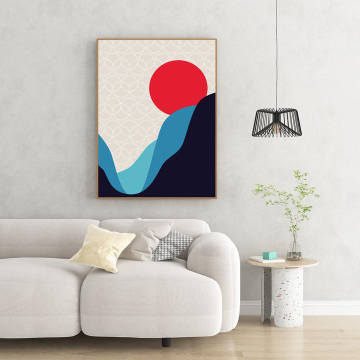 Wadi Home abstract mountain landscape art with red sun, blue and navy mountains on beige background.