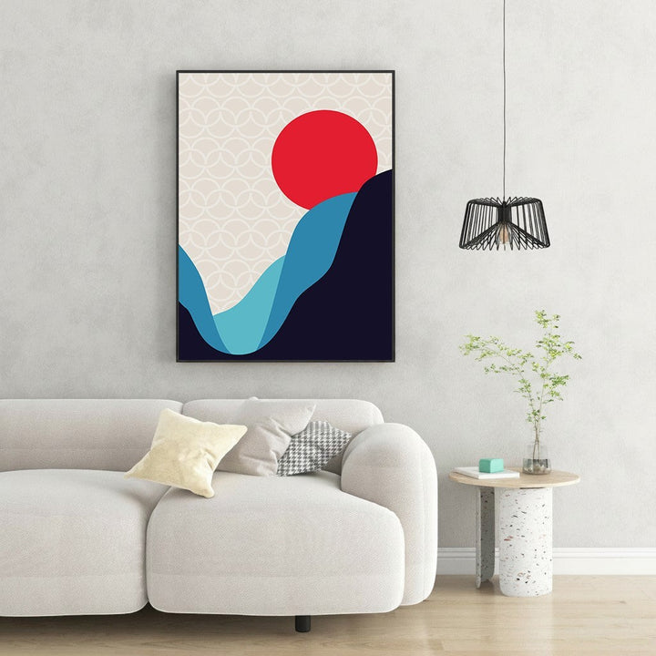 Wadi Home abstract mountain landscape art with red sun, blue and navy mountains on cream background.