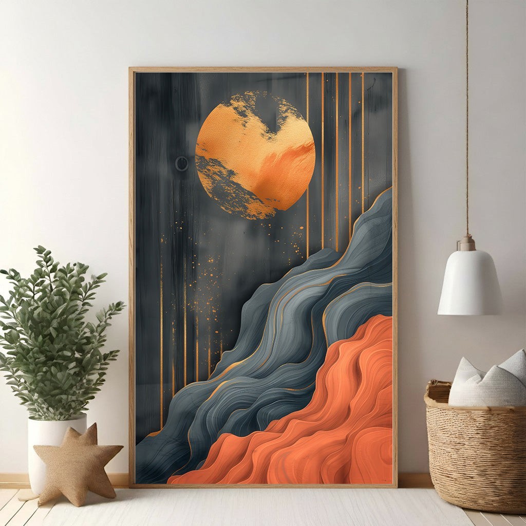 Wadi Home Abstract Mountain Landscape Wall Art with gray, orange, and gold accents. Textured flowing lines evoke serene natural beauty.