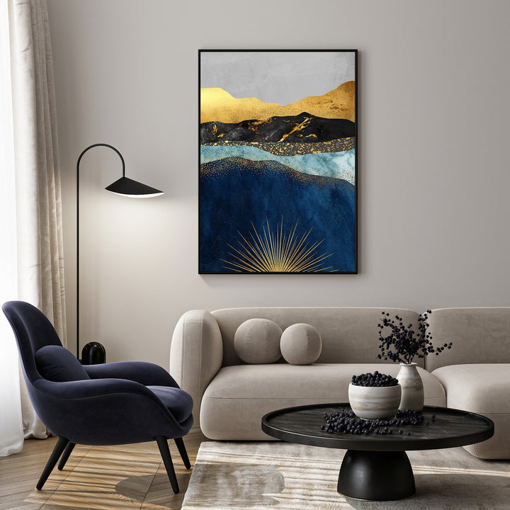 Wadi Home abstract mountain landscape wall art with deep blues, gold, and grays, featuring a sunburst motif.