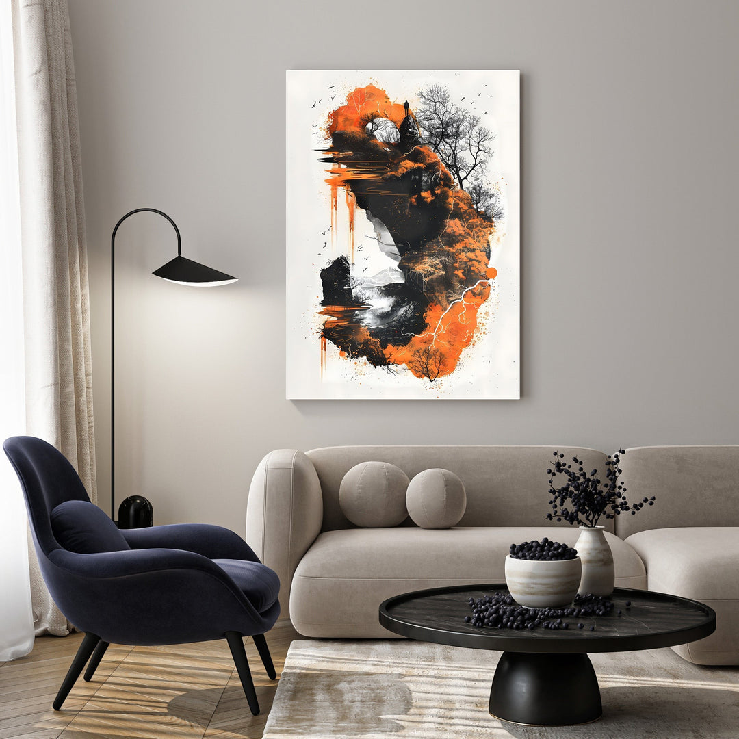 Wadi Home abstract mountain landscape wall art with fiery orange, black, and white abstract forms and textured brushstrokes.
