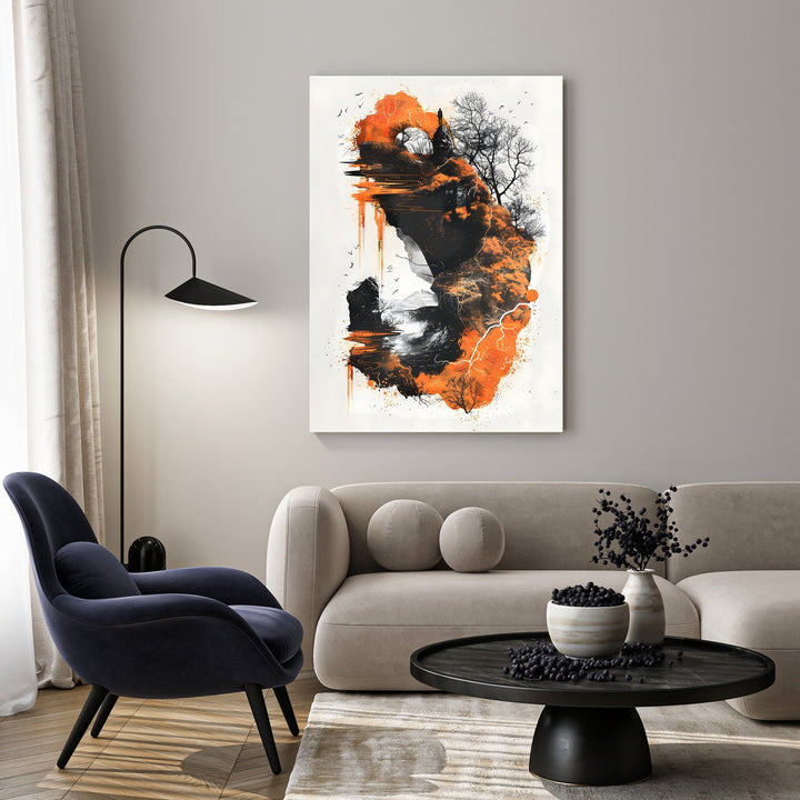 Wadi Home abstract mountain landscape wall art with fiery orange, black, and white abstract forms and textured brushstrokes.
