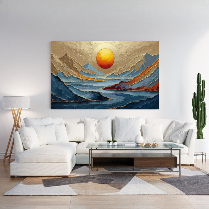 Wadi Home abstract mountain landscape wall art with vibrant sunset over blue water and golden hues.