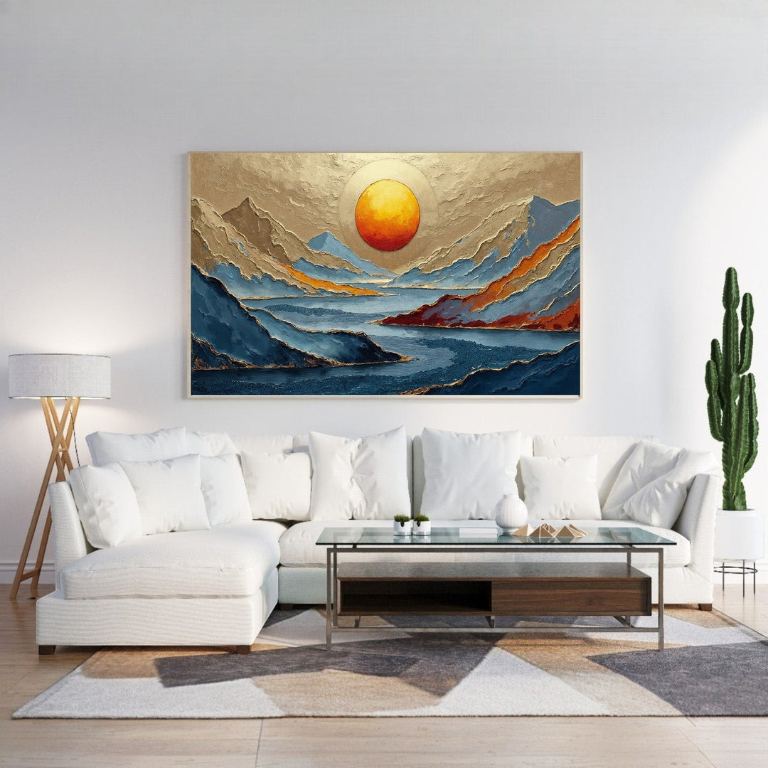 Wadi Home abstract mountain landscape wall art with vibrant sunset over blue water. Features gold, orange, and blue hues.