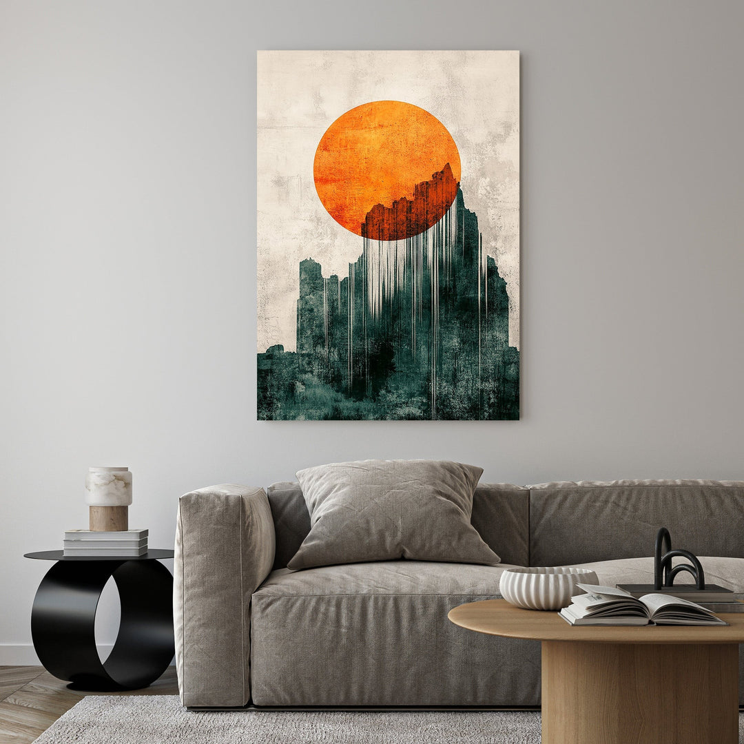 Wadi Home abstract mountain sunburst wall art with orange sun and teal mountain silhouette.