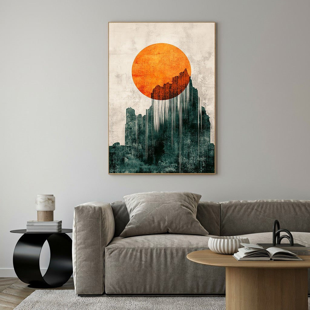 Wadi Home abstract mountain sunburst wall art with orange sun and teal textured mountains.