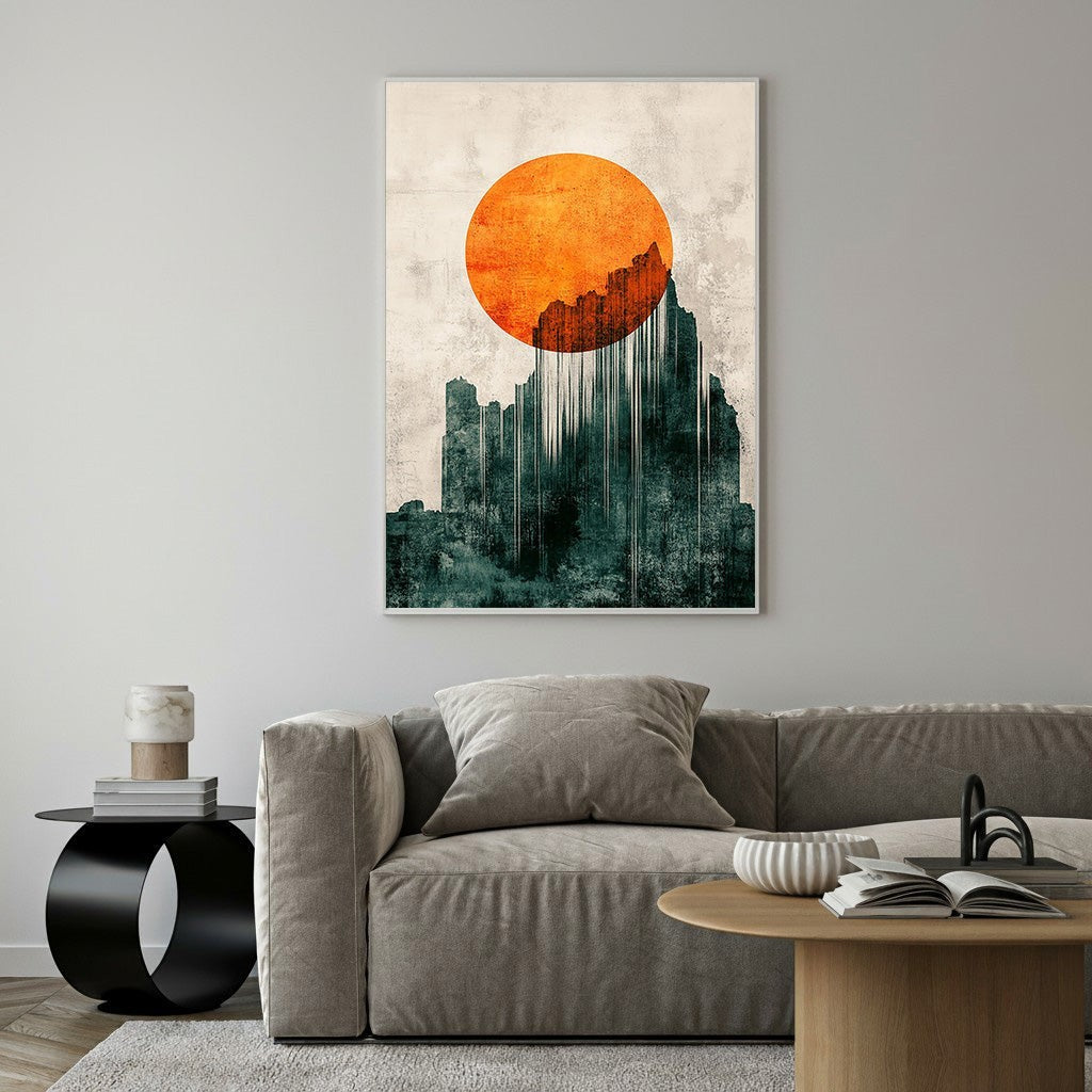 Wadi Home abstract mountain sunburst wall art with orange sun and teal textured mountains.