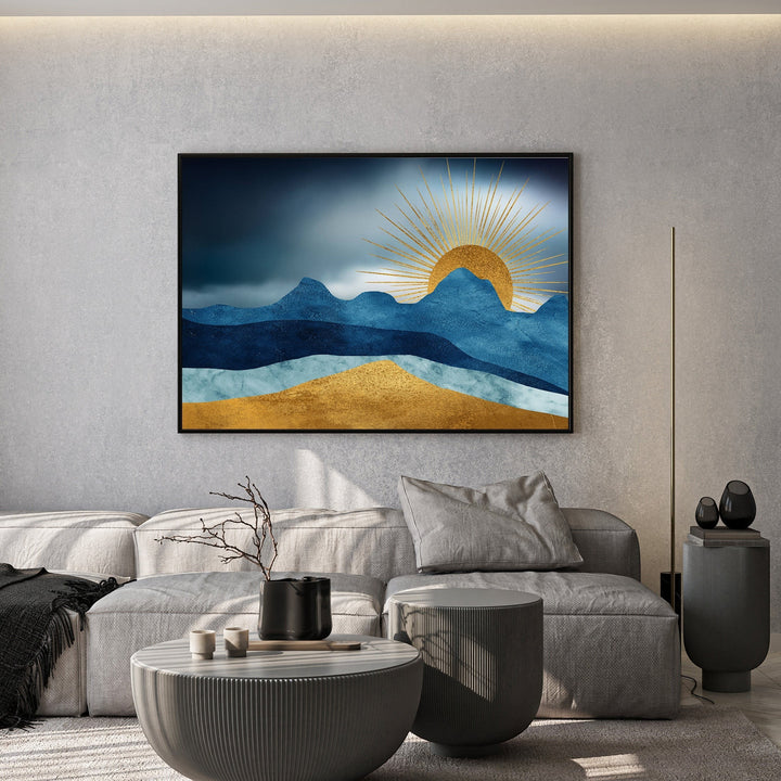 Wadi Home abstract mountain sunrise wall art with deep blues, teals, and gold sunburst.