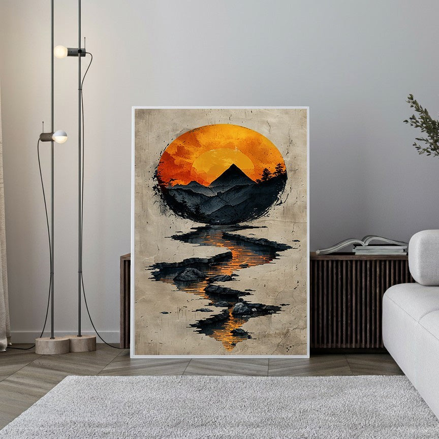 Wadi Home abstract mountain sunset reflection wall art with orange sun, dark mountains, and water reflection.
