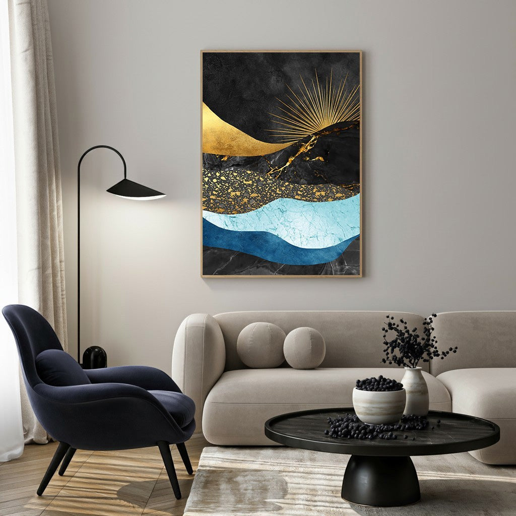 Wadi Home abstract mountain landscape wall art in black, gold, and blue hues. Modern, contemporary design.