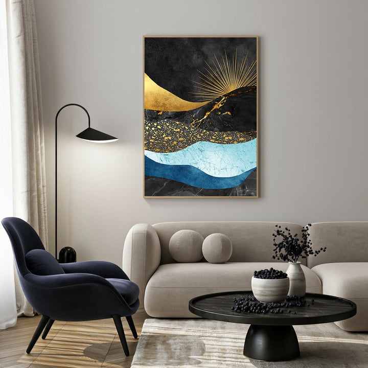 Wadi Home abstract mountain landscape wall art in black, gold, and blue hues. Modern, contemporary design.