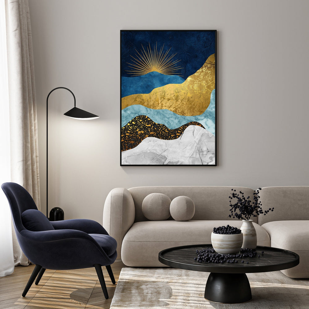 Wadi Home abstract mountain landscape wall art with deep blues, gold, and white textured layers and metallic accents.