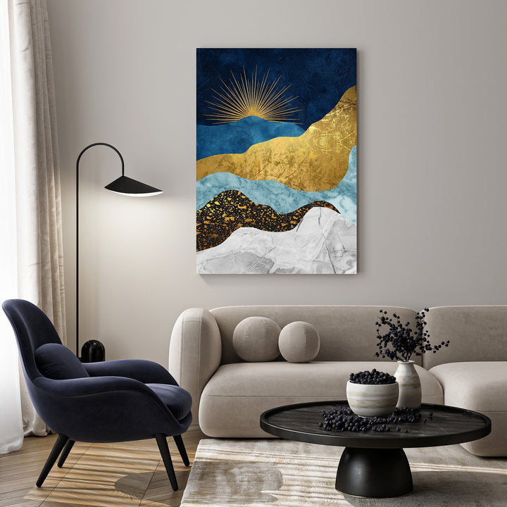 Wadi Home abstract mountain landscape wall art with deep blues, gold, and white textured layers and metallic accents.