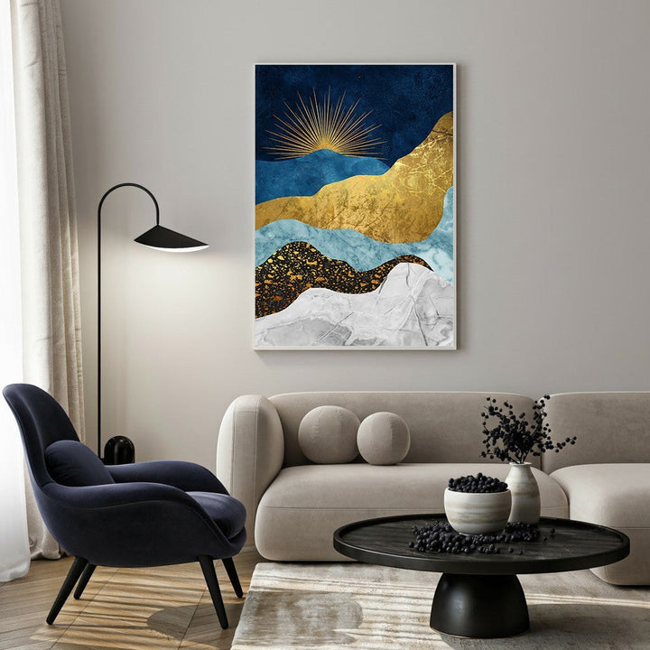 Wadi Home abstract mountain landscape wall art with deep blues, gold, and white textured layers and metallic accents.