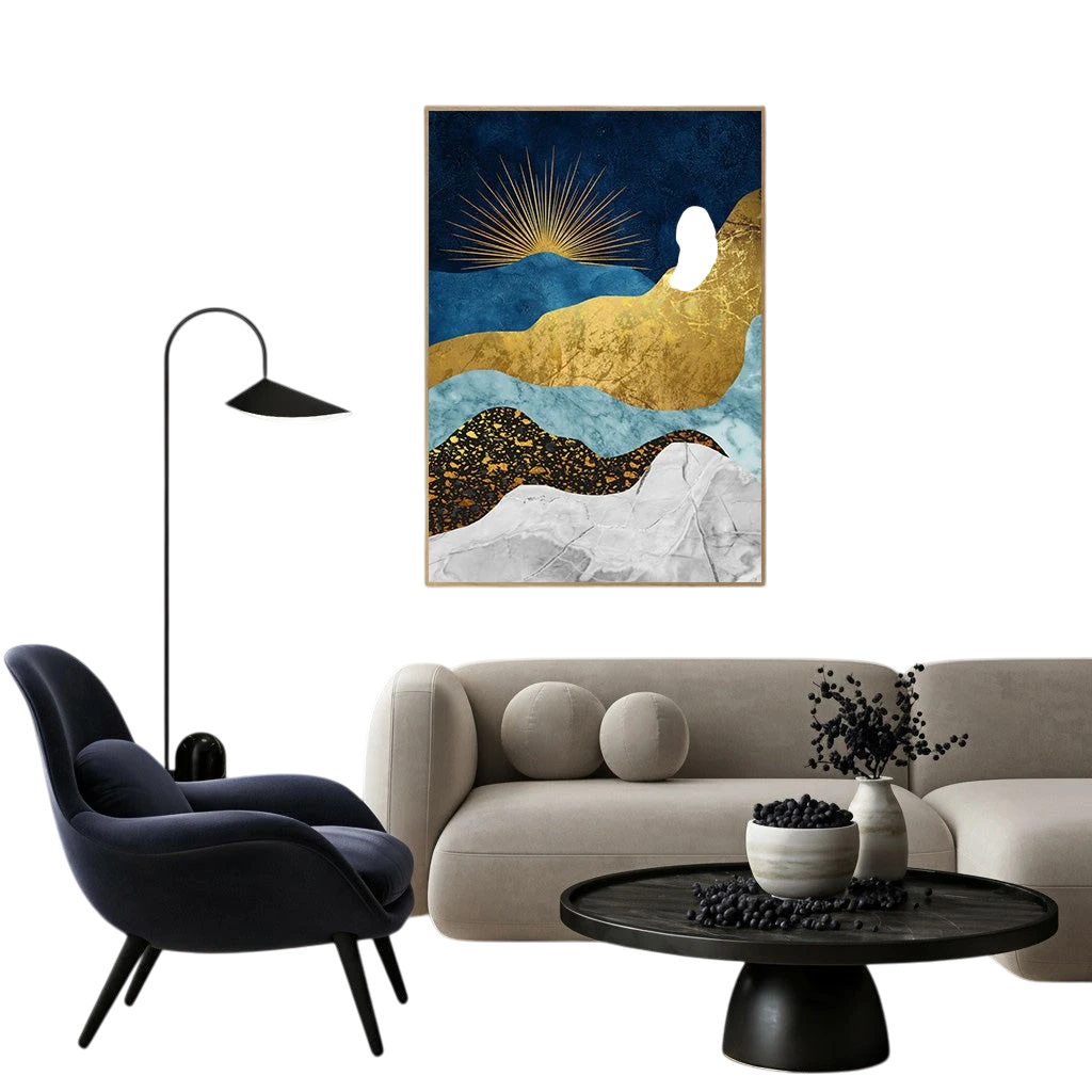 Wadi Home abstract mountain landscape wall art with deep blues, gold, and white textured layers and metallic accents.