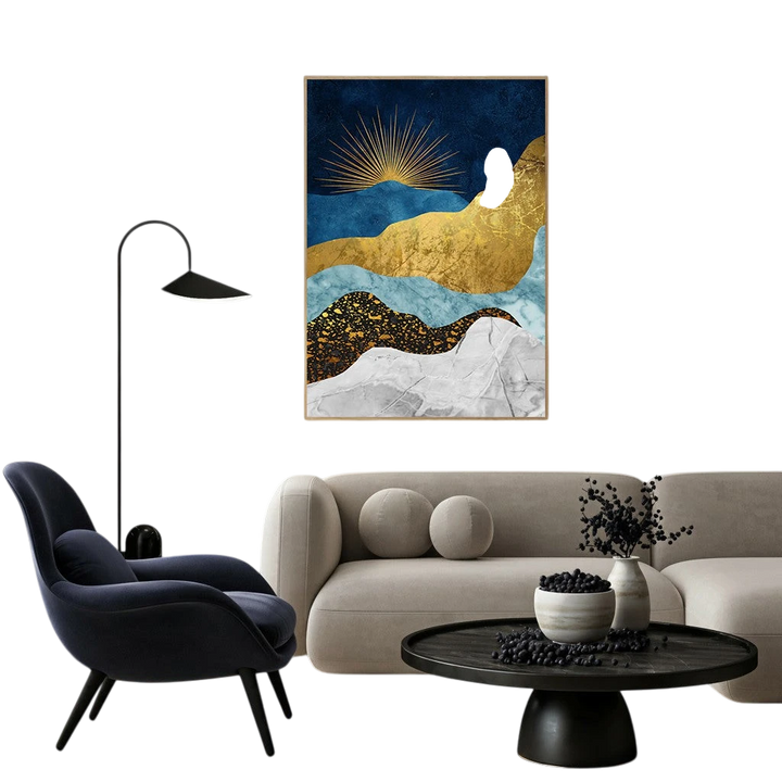 Wadi Home abstract mountain landscape wall art with deep blues, gold, and white textured layers and metallic accents.