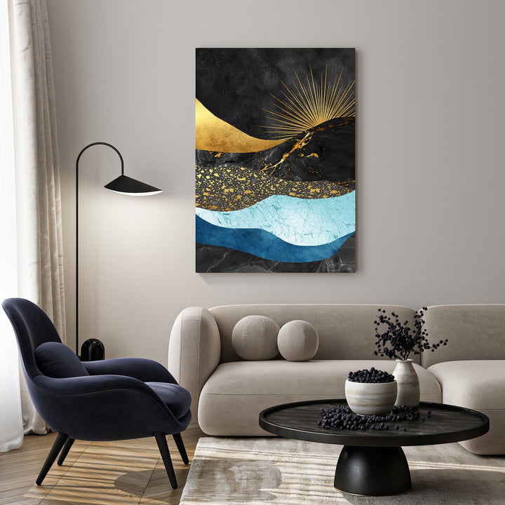 Wadi Home abstract mountain landscape wall art with black, gold, and blue waves. Modern art for living rooms.