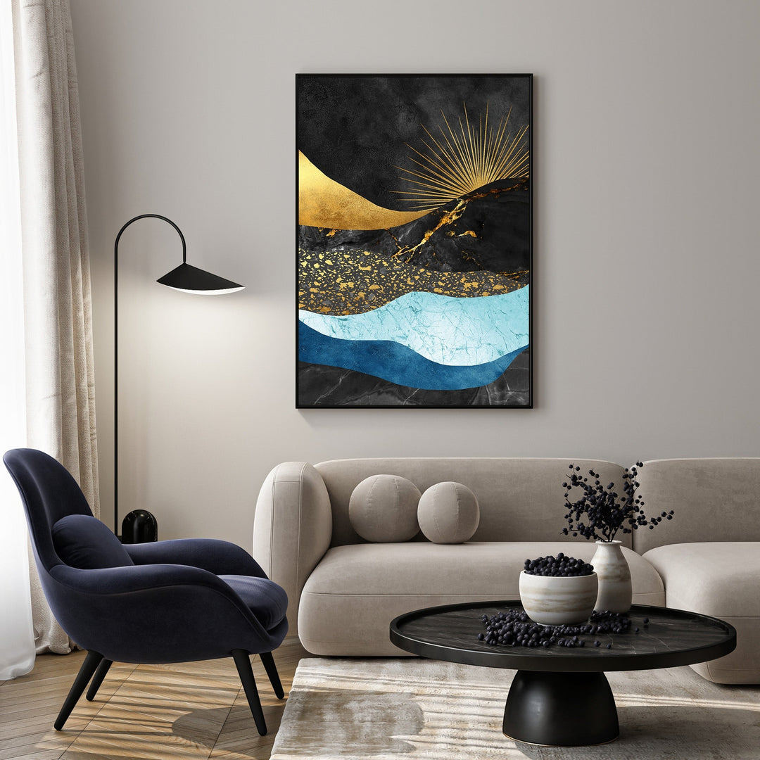 Wadi Home abstract mountain landscape wall art with black, gold, and blue waves. Modern art for living rooms.