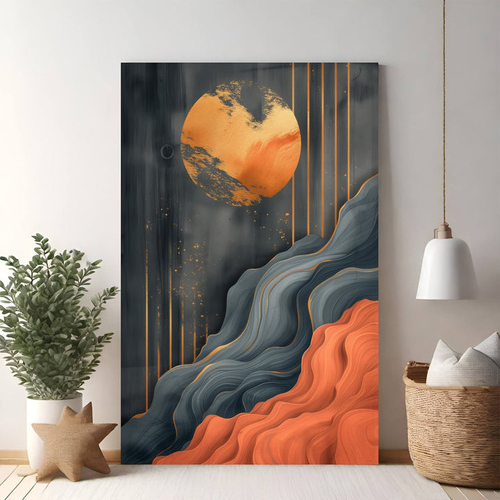 Wadi Home abstract mountain landscape wall art with gray, orange, and gold accents. Textured flowing lines evoke serene natural beauty.