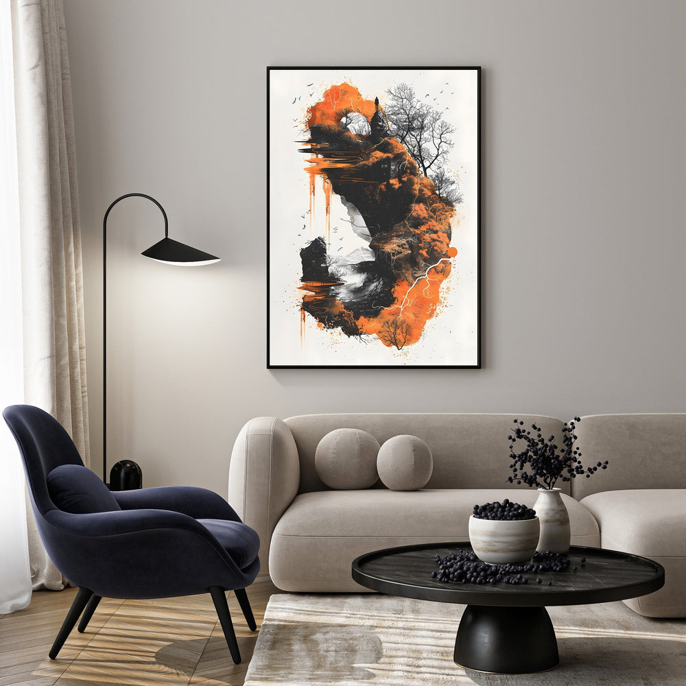 Wadi Home abstract mountain landscape wall art in fiery orange, black, and white with textured brushstrokes.